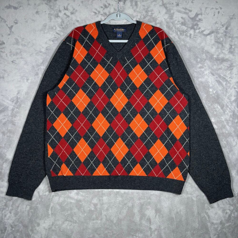 Vintage Brooks Brothers Lambswool Argyle V-Neck Sweater XL Made in Hong Kong - Picture 2 of 6
